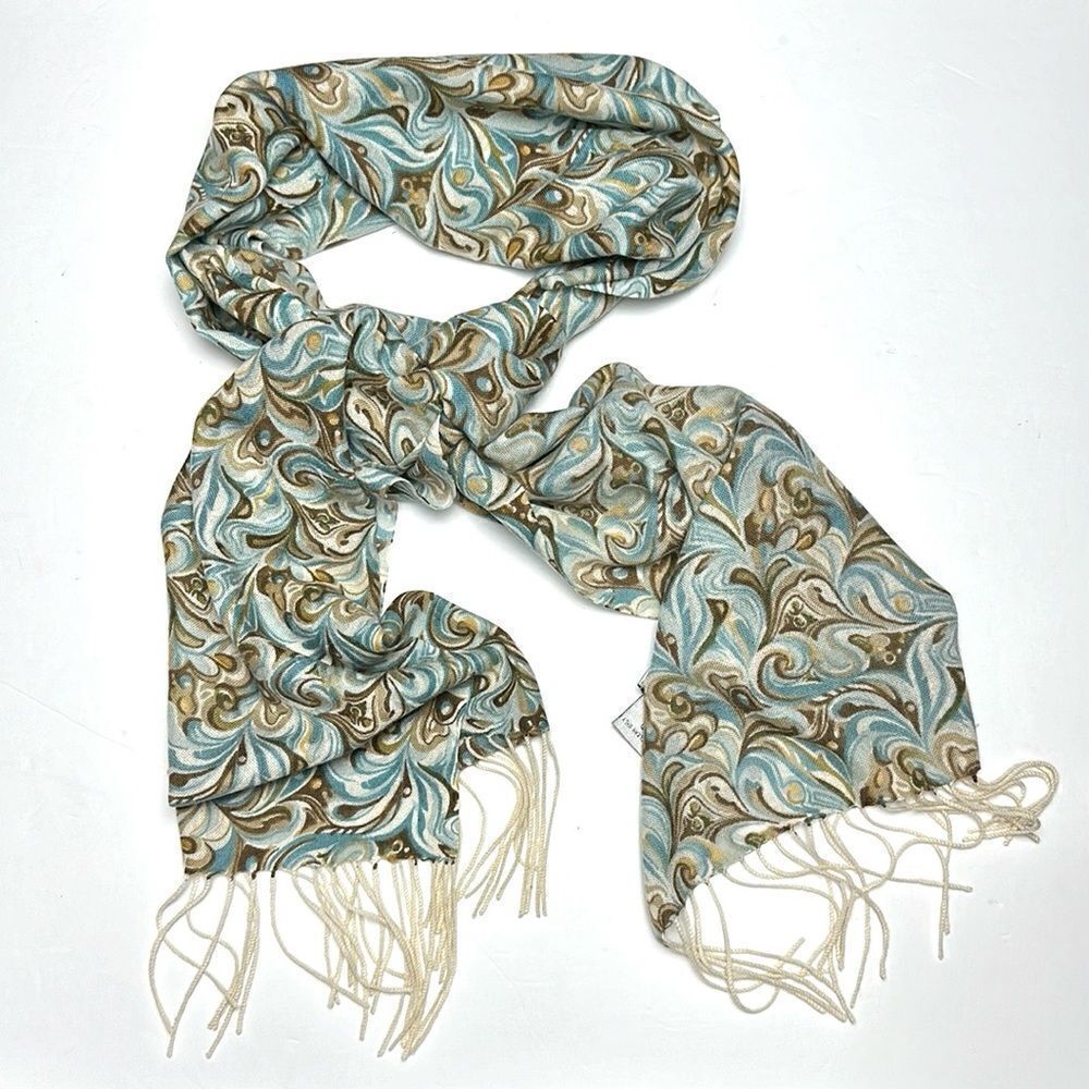 Precious Fibers Cashmere Oblong Scarf With Fringe Turquoise Brown Paisley